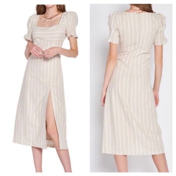 En Saison Square Neck Puff Sleeve Linen Blend Midi Dress Size M Anthropologie - Picture 1 of 5